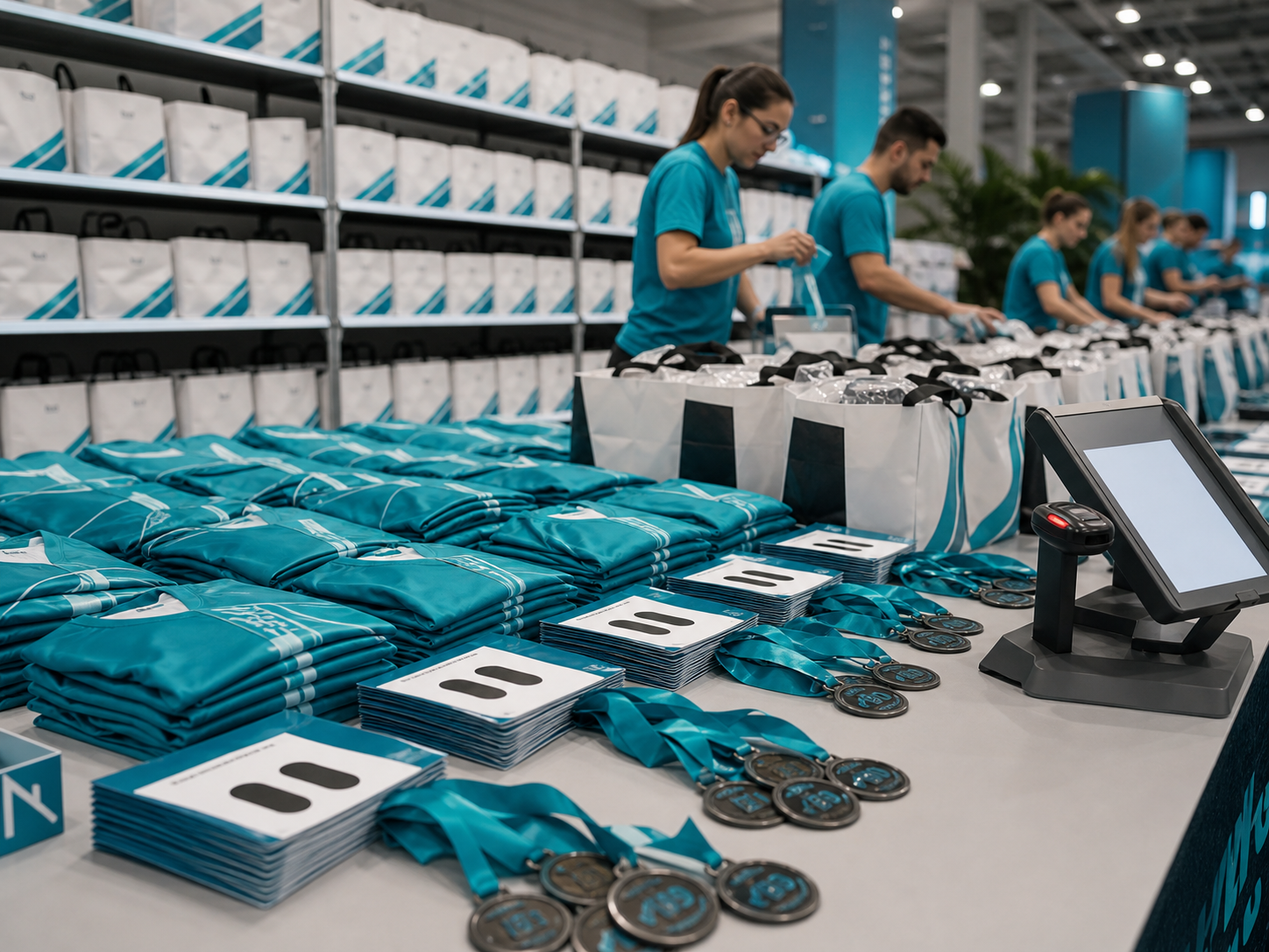Kits de corrida organizados para retirada no evento